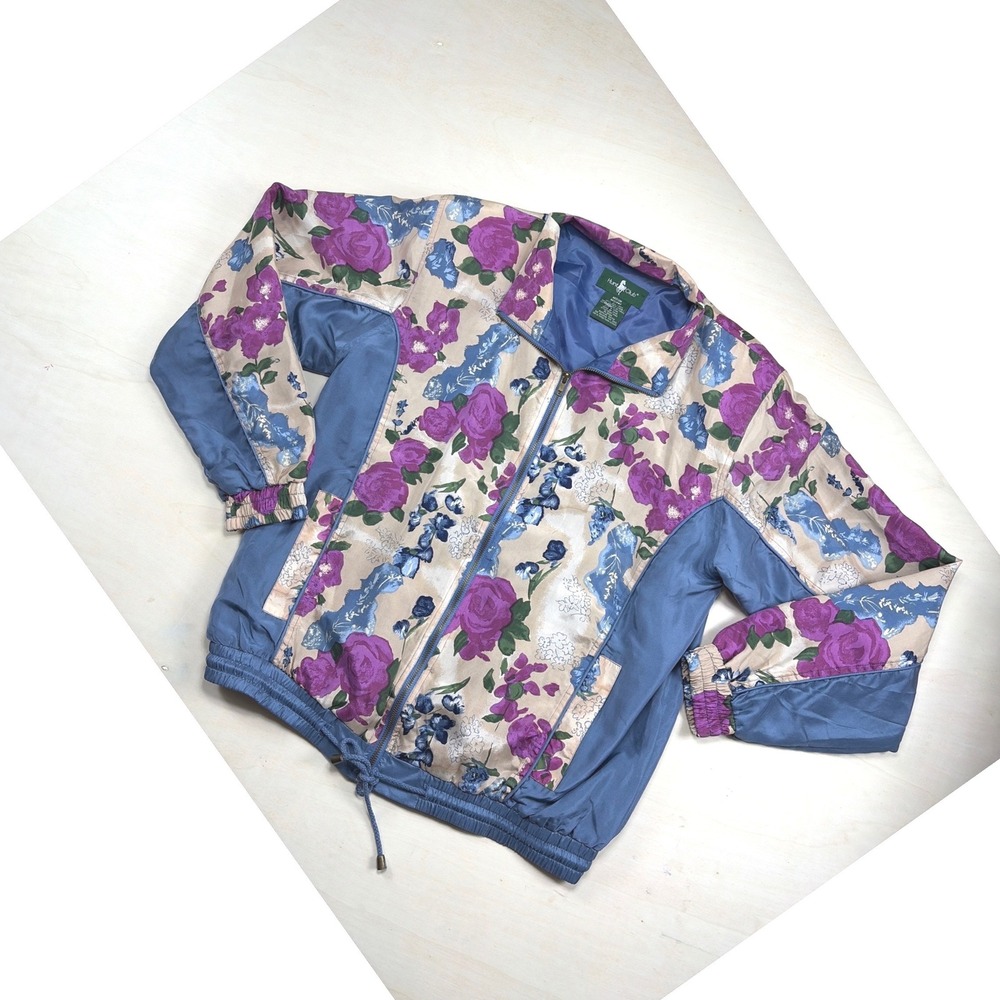 Vintage Hunt Club Silk Bomber Jacket Womens Medium Floral Purple Blue Retro